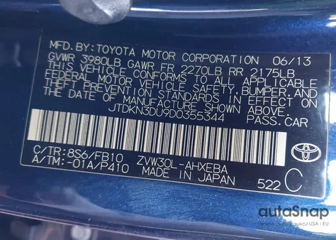 2013 Toyota Prius Two from USA, damaged, VIN JTDKN3DU9D0355344